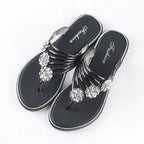 Women Fashion Silver High Quality Anti Skid Beach Sandals Lady Casual Golden Crystal Summer Home Sandals Women's T-Strap Thong Crystal Rhinestone Glitter Stretch Flat Sandal Stevvex