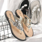 Women Fashion Silver High Quality Anti Skid Beach Sandals Lady Casual Golden Crystal Summer Home Sandals Women's T-Strap Thong Crystal Rhinestone Glitter Stretch Flat Sandal Stevvex