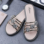 Women Fashion Silver High Quality Anti Skid Beach Sandals Lady Casual Golden Crystal Summer Home Sandals Women's T-Strap Thong Crystal Rhinestone Glitter Stretch Flat Sandal Stevvex