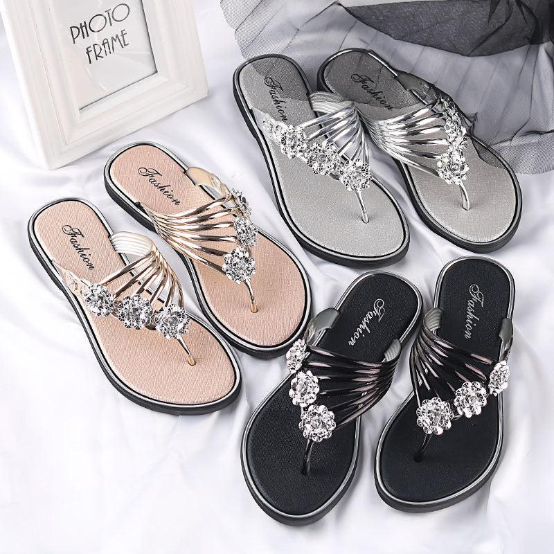 Women Fashion Silver High Quality Anti Skid Beach Sandals Lady Casual Golden Crystal Summer Home Sandals Women's T-Strap Thong Crystal Rhinestone Glitter Stretch Flat Sandal Stevvex