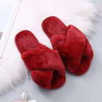 Women Fashion Warm Fluffy Slippers Cozy Faux Fur Cross Indoor Floor Slides Flat Soft Furry Flip Flops Cross Band Soft Plush Cozy House Shoes Furry Open Toe Indoor Outdoor Slip On Warm Breathable Anti-Skid Sole Stevvex