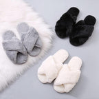 Women Fashion Warm Fluffy Slippers Cozy Faux Fur Cross Indoor Floor Slides Flat Soft Furry Flip Flops Cross Band Soft Plush Cozy House Shoes Furry Open Toe Indoor Outdoor Slip On Warm Breathable Anti-Skid Sole Stevvex