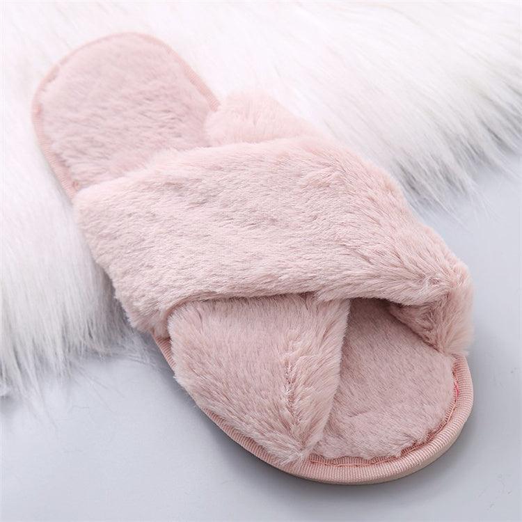 Women Fashion Warm Fluffy Slippers Cozy Faux Fur Cross Indoor Floor Slides Flat Soft Furry Flip Flops Cross Band Soft Plush Cozy House Shoes Furry Open Toe Indoor Outdoor Slip On Warm Breathable Anti-Skid Sole Stevvex