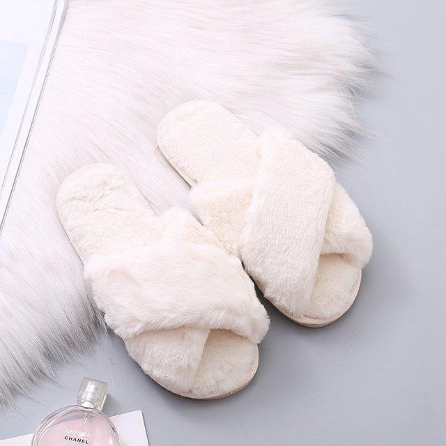 Women Fashion Warm Fluffy Slippers Cozy Faux Fur Cross Indoor Floor Slides Flat Soft Furry Flip Flops Cross Band Soft Plush Cozy House Shoes Furry Open Toe Indoor Outdoor Slip On Warm Breathable Anti-Skid Sole Stevvex