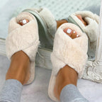 Women Fashion Warm Fluffy Slippers Cozy Faux Fur Cross Indoor Floor Slides Flat Soft Furry Flip Flops Cross Band Soft Plush Cozy House Shoes Furry Open Toe Indoor Outdoor Slip On Warm Breathable Anti-Skid Sole Stevvex
