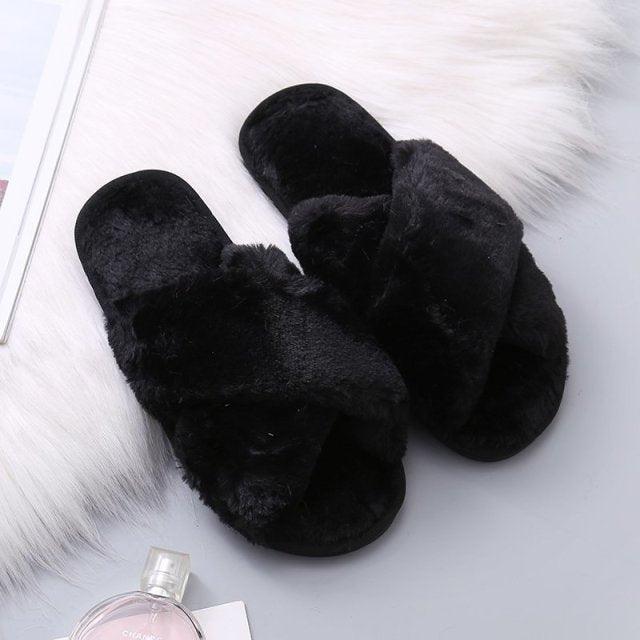 Women Fashion Warm Fluffy Slippers Cozy Faux Fur Cross Indoor Floor Slides Flat Soft Furry Flip Flops Cross Band Soft Plush Cozy House Shoes Furry Open Toe Indoor Outdoor Slip On Warm Breathable Anti-Skid Sole Stevvex