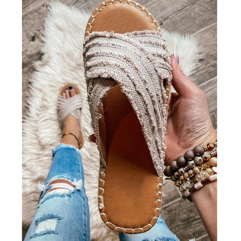 Women Flat Flip Flops New Open Toe Summer Beach Shoes Casual Slides Cross Design Sandals Knotted Flat Footbed Sandals For Ladies Open Toe Casual Summer Slide Sandals Stevvex
