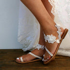 Women Flat Shoes Summer Bohemian Sandal Lace Straps Floral Style Sandal White Beach Shoes Clip Toe Casual Lace Floral Beach Flip Flop Comfy Shoes Summer Elegant Toe Ring Sandals Stevvex