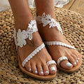 Women Flat Shoes Summer Bohemian Sandal Lace Straps Floral Style Sandal White Beach Shoes Clip Toe Casual Lace Floral Beach Flip Flop Comfy Shoes Summer Elegant Toe Ring Sandals Stevvex