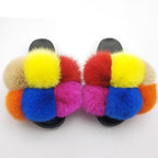 Women Fox Fur Slides Home Beautiful Flat Sandals Female Cute Fluffy House Woman Fur Fluffy Slippers Furry Slides Summer Sandals Open Toe Indoor Outdoor Comfortable Slides Sandals Stevvex