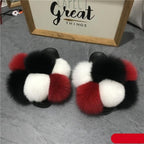 Women Fox Fur Slides Home Beautiful Flat Sandals Female Cute Fluffy House Woman Fur Fluffy Slippers Furry Slides Summer Sandals Open Toe Indoor Outdoor Comfortable Slides Sandals Stevvex