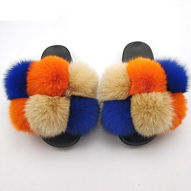 Women Fox Fur Slides Home Beautiful Flat Sandals Female Cute Fluffy House Woman Fur Fluffy Slippers Furry Slides Summer Sandals Open Toe Indoor Outdoor Comfortable Slides Sandals Stevvex
