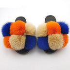 Women Fox Fur Slides Home Beautiful Flat Sandals Female Cute Fluffy House Woman Fur Fluffy Slippers Furry Slides Summer Sandals Open Toe Indoor Outdoor Comfortable Slides Sandals Stevvex