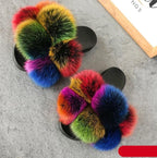 Women Fox Fur Slides Home Beautiful Flat Sandals Female Cute Fluffy House Woman Fur Fluffy Slippers Furry Slides Summer Sandals Open Toe Indoor Outdoor Comfortable Slides Sandals Stevvex