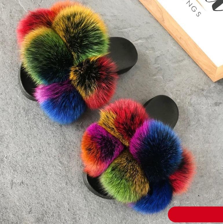 Women Fox Fur Slides Home Beautiful Flat Sandals Female Cute Fluffy House Woman Fur Fluffy Slippers Furry Slides Summer Sandals Open Toe Indoor Outdoor Comfortable Slides Sandals Stevvex