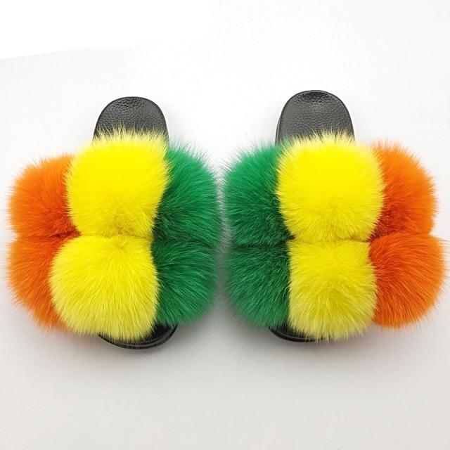 Women Fox Fur Slides Home Beautiful Flat Sandals Female Cute Fluffy House Woman Fur Fluffy Slippers Furry Slides Summer Sandals Open Toe Indoor Outdoor Comfortable Slides Sandals Stevvex