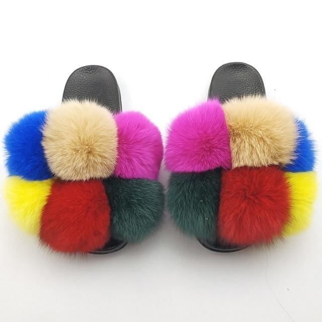 Women Fox Fur Slides Home Beautiful Flat Sandals Female Cute Fluffy House Woman Fur Fluffy Slippers Furry Slides Summer Sandals Open Toe Indoor Outdoor Comfortable Slides Sandals Stevvex