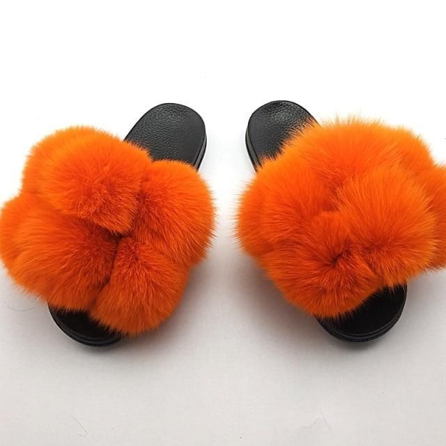Women Fox Fur Slides Home Beautiful Flat Sandals Female Cute Fluffy House Woman Fur Fluffy Slippers Furry Slides Summer Sandals Open Toe Indoor Outdoor Comfortable Slides Sandals Stevvex