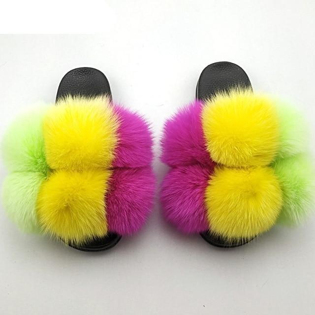 Women Fox Fur Slides Home Beautiful Flat Sandals Female Cute Fluffy House Woman Fur Fluffy Slippers Furry Slides Summer Sandals Open Toe Indoor Outdoor Comfortable Slides Sandals Stevvex