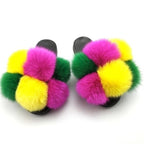 Women Fox Fur Slides Home Beautiful Flat Sandals Female Cute Fluffy House Woman Fur Fluffy Slippers Furry Slides Summer Sandals Open Toe Indoor Outdoor Comfortable Slides Sandals Stevvex