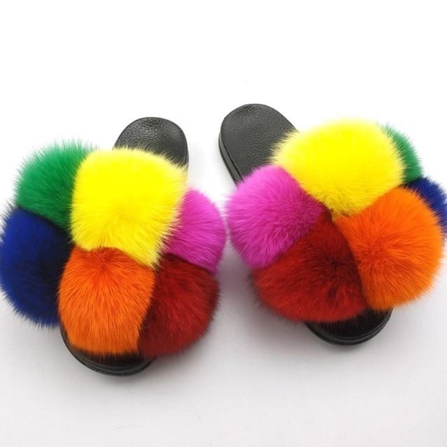 Women Fox Fur Slides Home Beautiful Flat Sandals Female Cute Fluffy House Woman Fur Fluffy Slippers Furry Slides Summer Sandals Open Toe Indoor Outdoor Comfortable Slides Sandals Stevvex