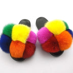 Women Fox Fur Slides Home Beautiful Flat Sandals Female Cute Fluffy House Woman Fur Fluffy Slippers Furry Slides Summer Sandals Open Toe Indoor Outdoor Comfortable Slides Sandals Stevvex