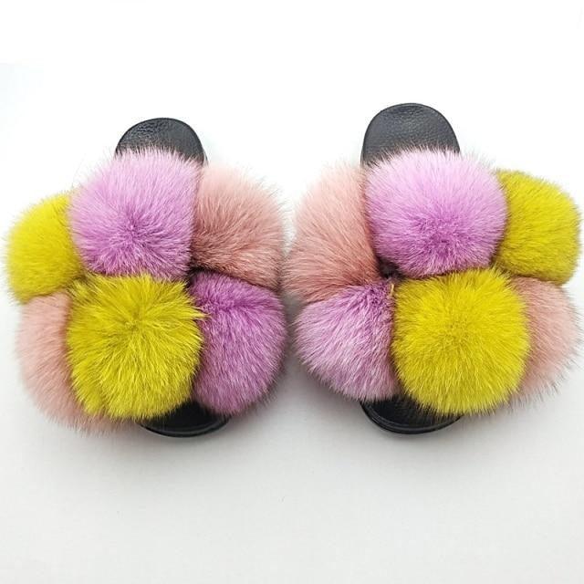 Women Fox Fur Slides Home Beautiful Flat Sandals Female Cute Fluffy House Woman Fur Fluffy Slippers Furry Slides Summer Sandals Open Toe Indoor Outdoor Comfortable Slides Sandals Stevvex