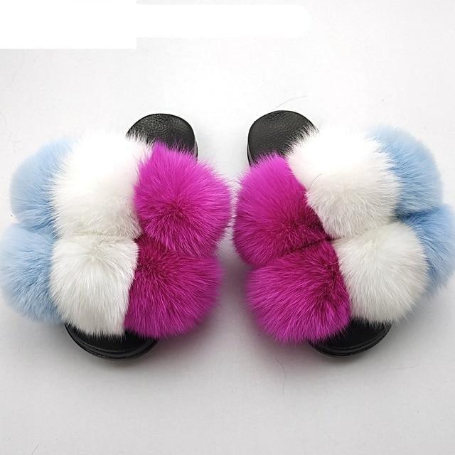 Women Fox Fur Slides Home Beautiful Flat Sandals Female Cute Fluffy House Woman Fur Fluffy Slippers Furry Slides Summer Sandals Open Toe Indoor Outdoor Comfortable Slides Sandals Stevvex