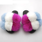 Women Fox Fur Slides Home Beautiful Flat Sandals Female Cute Fluffy House Woman Fur Fluffy Slippers Furry Slides Summer Sandals Open Toe Indoor Outdoor Comfortable Slides Sandals Stevvex