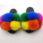 Women Fox Fur Slides Home Beautiful Flat Sandals Female Cute Fluffy House Woman Fur Fluffy Slippers Furry Slides Summer Sandals Open Toe Indoor Outdoor Comfortable Slides Sandals Stevvex
