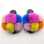 Women Fox Fur Slides Home Beautiful Flat Sandals Female Cute Fluffy House Woman Fur Fluffy Slippers Furry Slides Summer Sandals Open Toe Indoor Outdoor Comfortable Slides Sandals Stevvex