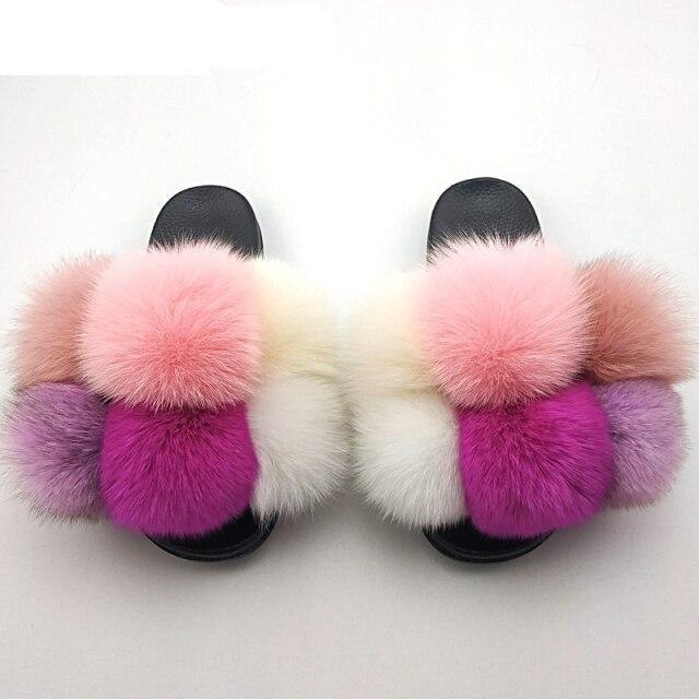 Women Fox Fur Slides Home Beautiful Flat Sandals Female Cute Fluffy House Woman Fur Fluffy Slippers Furry Slides Summer Sandals Open Toe Indoor Outdoor Comfortable Slides Sandals Stevvex
