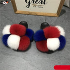 Women Fox Fur Slides Home Beautiful Flat Sandals Female Cute Fluffy House Woman Fur Fluffy Slippers Furry Slides Summer Sandals Open Toe Indoor Outdoor Comfortable Slides Sandals Stevvex