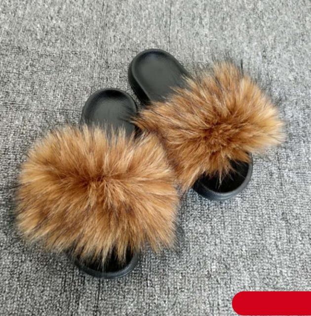 Women Fox Fur Slides Home Beautiful Flat Sandals Female Cute Fluffy House Woman Fur Fluffy Slippers Furry Slides Summer Sandals Open Toe Indoor Outdoor Comfortable Slides Sandals Stevvex
