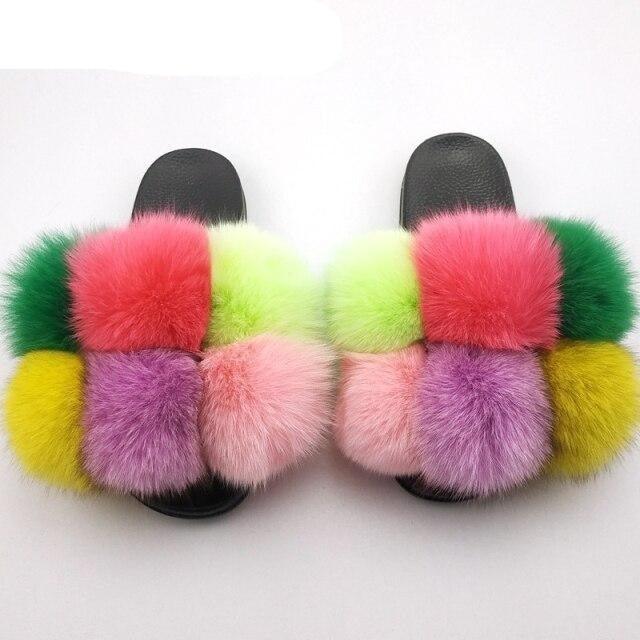 Women Fox Fur Slides Home Beautiful Flat Sandals Female Cute Fluffy House Woman Fur Fluffy Slippers Furry Slides Summer Sandals Open Toe Indoor Outdoor Comfortable Slides Sandals Stevvex