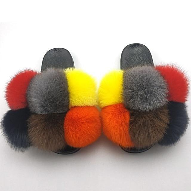 Women Fox Fur Slides Home Beautiful Flat Sandals Female Cute Fluffy House Woman Fur Fluffy Slippers Furry Slides Summer Sandals Open Toe Indoor Outdoor Comfortable Slides Sandals Stevvex