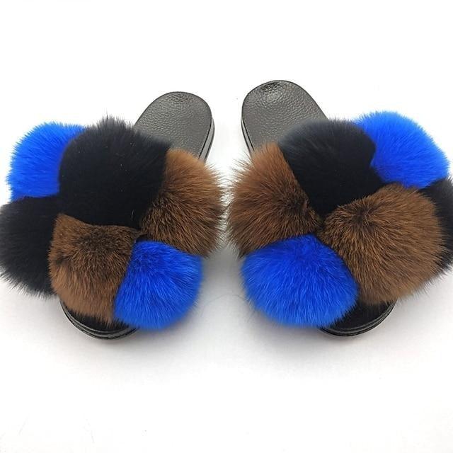Women Fox Fur Slides Home Beautiful Flat Sandals Female Cute Fluffy House Woman Fur Fluffy Slippers Furry Slides Summer Sandals Open Toe Indoor Outdoor Comfortable Slides Sandals Stevvex