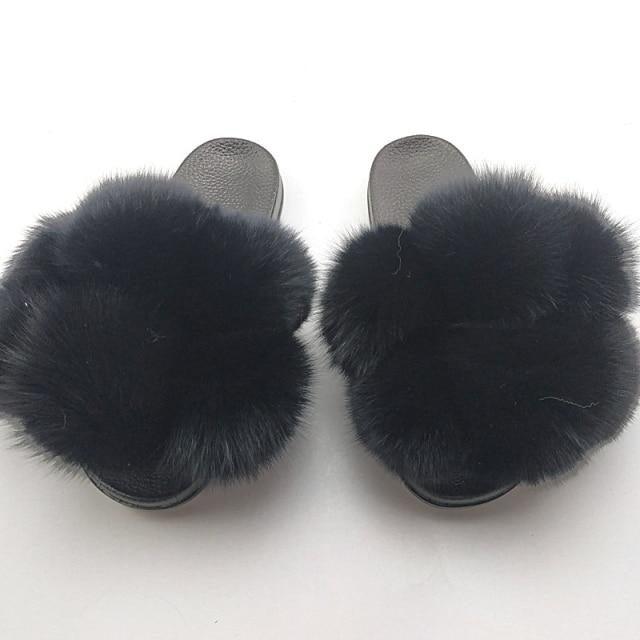 Women Fox Fur Slides Home Beautiful Flat Sandals Female Cute Fluffy House Woman Fur Fluffy Slippers Furry Slides Summer Sandals Open Toe Indoor Outdoor Comfortable Slides Sandals Stevvex