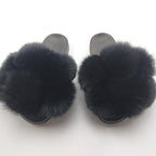 Women Fox Fur Slides Home Beautiful Flat Sandals Female Cute Fluffy House Woman Fur Fluffy Slippers Furry Slides Summer Sandals Open Toe Indoor Outdoor Comfortable Slides Sandals Stevvex
