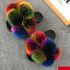 Women Fox Fur Slides Home Beautiful Flat Sandals Female Cute Fluffy House Woman Fur Fluffy Slippers Furry Slides Summer Sandals Open Toe Indoor Outdoor Comfortable Slides Sandals Stevvex