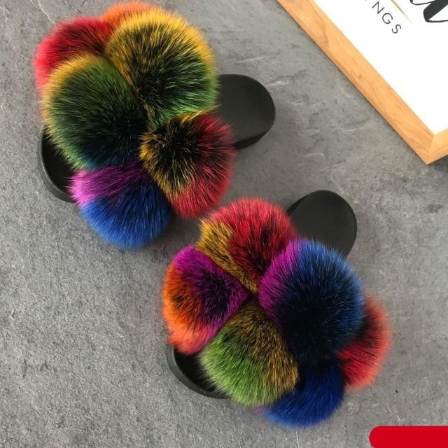 Women Fox Fur Slides Home Beautiful Flat Sandals Female Cute Fluffy House Woman Fur Fluffy Slippers Furry Slides Summer Sandals Open Toe Indoor Outdoor Comfortable Slides Sandals Stevvex