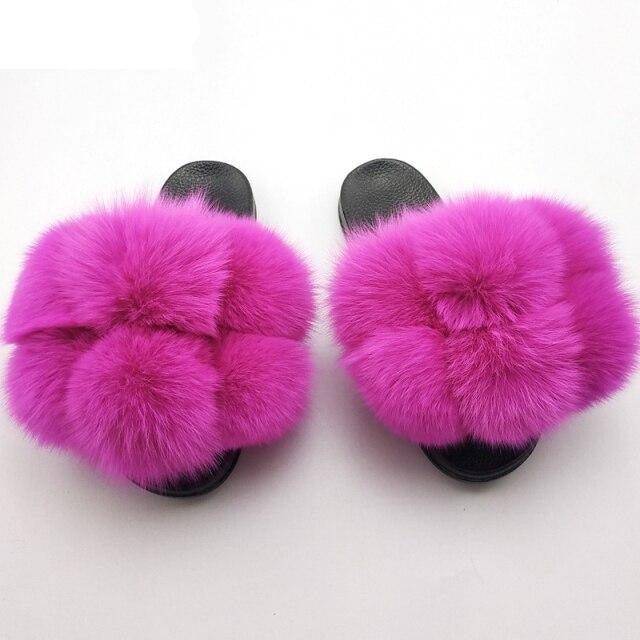 Women Fox Fur Slides Home Beautiful Flat Sandals Female Cute Fluffy House Woman Fur Fluffy Slippers Furry Slides Summer Sandals Open Toe Indoor Outdoor Comfortable Slides Sandals Stevvex