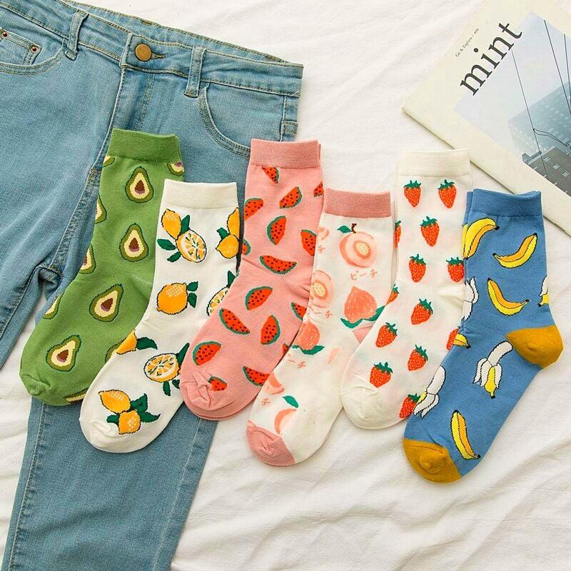 Women Funny Socks Spring Autumn Cartoon Socks Avocado Lemon Watermelon Peach Strawberry Banana Casual Socks Combed Out Of Cotton Soft Socks For Men And Women Stevvex