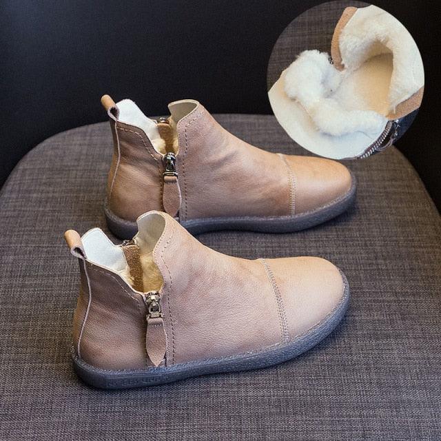 Women Genuine Leather Ankle Boots Warm Fur Waterproof Slip On Super Comfortable Booties Autumn Winter Shoes Keep Warm Anti-Slip Soft Sole Warm Fur Lined Winter Ankle Booties Stevvex