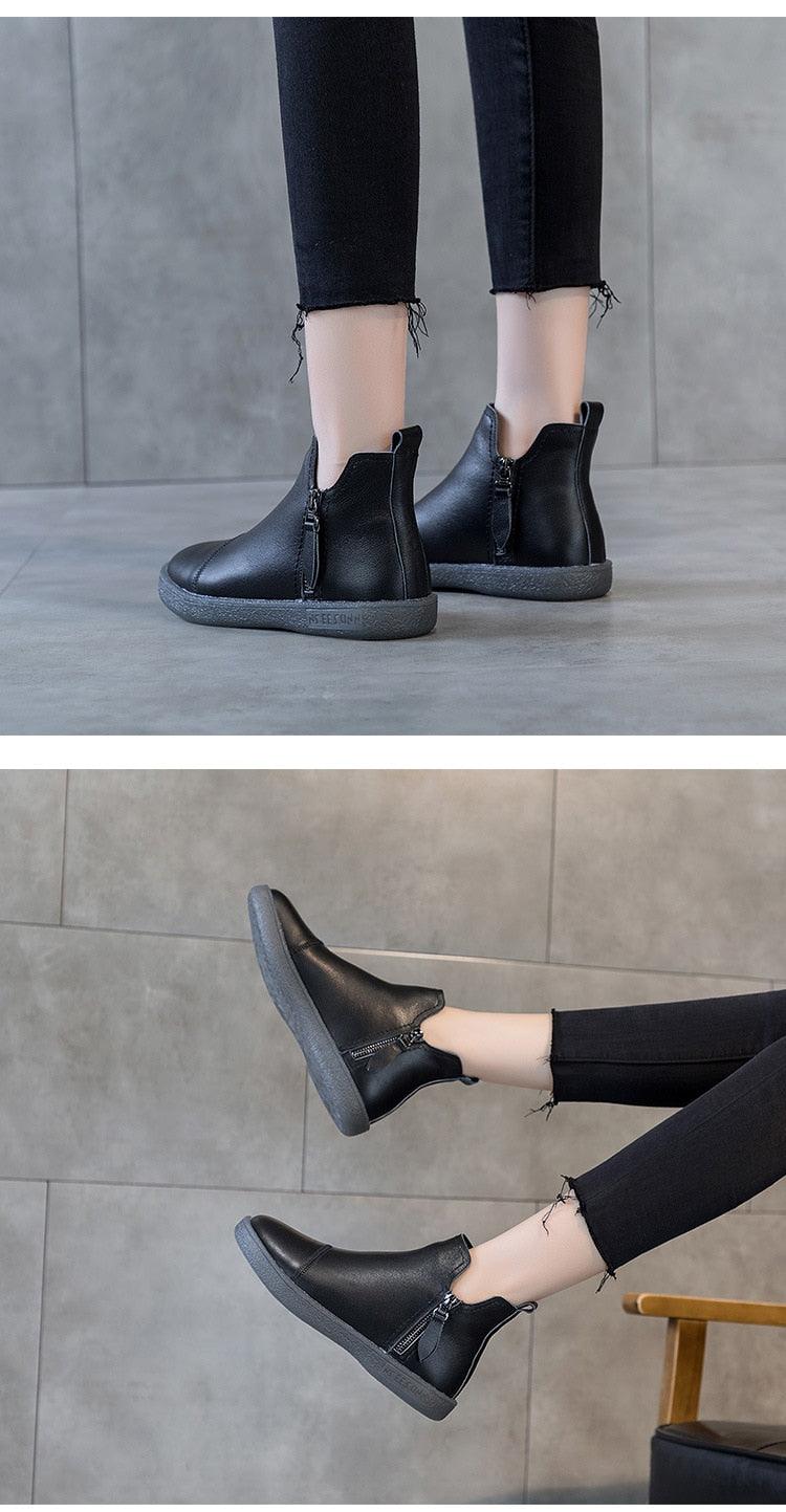 Women Genuine Leather Ankle Boots Warm Fur Waterproof Slip On Super Comfortable Booties Autumn Winter Shoes Keep Warm Anti-Slip Soft Sole Warm Fur Lined Winter Ankle Booties Stevvex