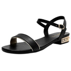 Women Genuine Leather Sandals Low Heel Buckle Strap Ladies Open Toe Black Decoration Summer Leather Open Toe And Ankle Strap Buckle Flat Sandals Casual Beach Shoes Stevvex