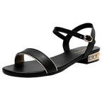 Women Genuine Leather Sandals Low Heel Buckle Strap Ladies Open Toe Black Decoration Summer Leather Open Toe And Ankle Strap Buckle Flat Sandals Casual Beach Shoes Stevvex