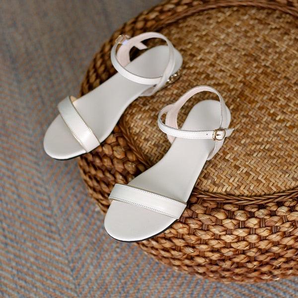 Women Genuine Leather Sandals Low Heel Buckle Strap Ladies Open Toe Black Decoration Summer Leather Open Toe And Ankle Strap Buckle Flat Sandals Casual Beach Shoes Stevvex