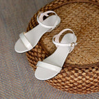 Women Genuine Leather Sandals Low Heel Buckle Strap Ladies Open Toe Black Decoration Summer Leather Open Toe And Ankle Strap Buckle Flat Sandals Casual Beach Shoes Stevvex