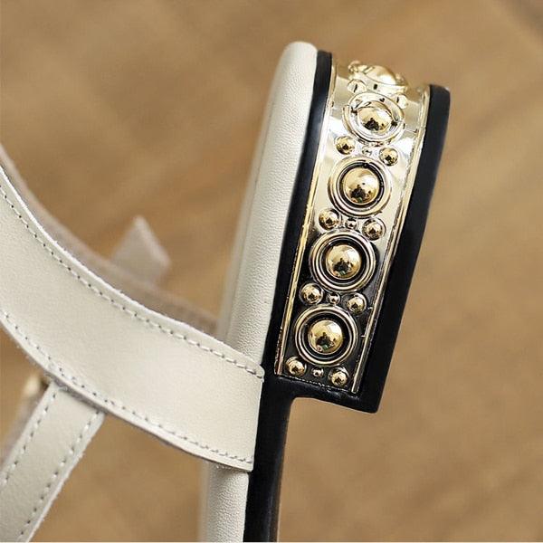 Women Genuine Leather Sandals Low Heel Buckle Strap Ladies Open Toe Black Decoration Summer Leather Open Toe And Ankle Strap Buckle Flat Sandals Casual Beach Shoes Stevvex